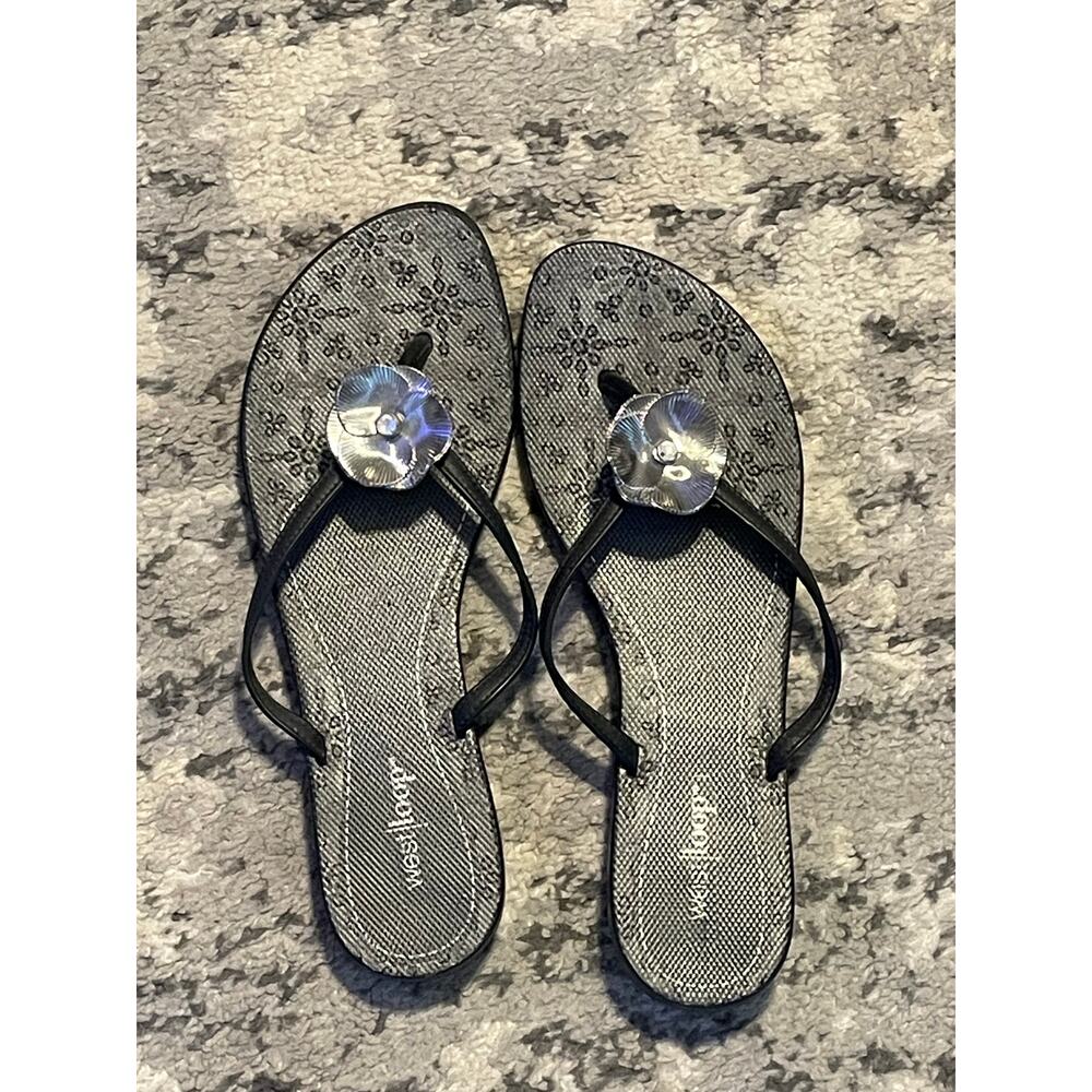 West Loop Black Floral Rhinestone Thong Sandals Size 9 - Picture 2 of 4